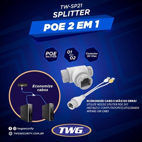 Divisor para cabo de rede POE TW SP-21 - Splitter 2 em 1