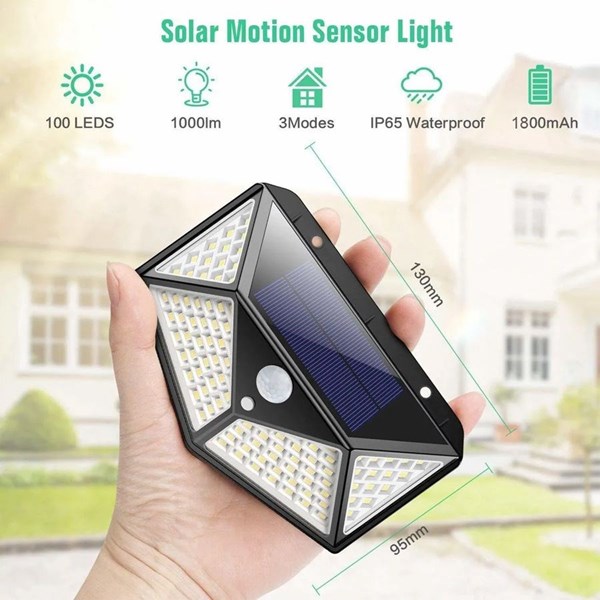 Luminária Solar Parede 100 Led Sensor Presença 3 Funções